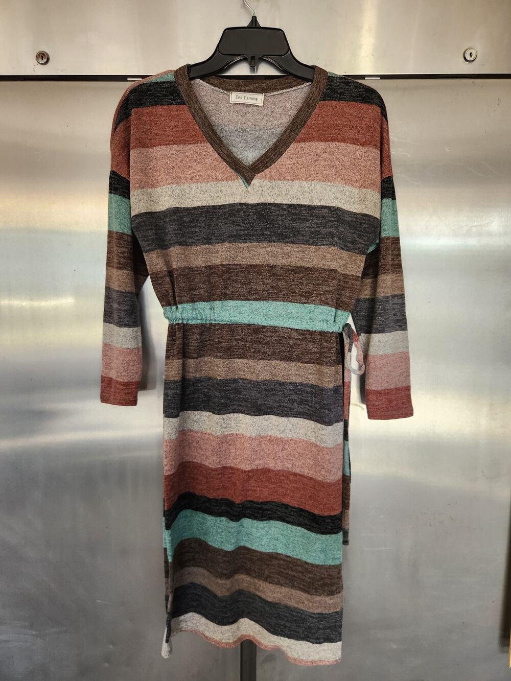 Ces Femme Womens Sweater Dress S Striped V Neck Long Sleeve Tie Waist Knit Boho